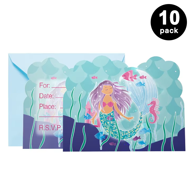 Mermaid Under the Sea Theme Birthday Invitation Cards 10 Pack