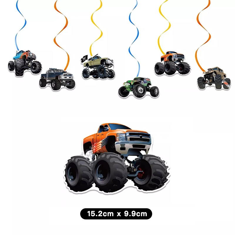 Monster Truck Birthday Decoration Set | Banner Swirls Balloons Cake Toppers
