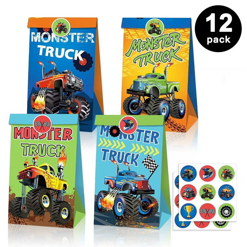 Monster Truck Paper Gift Bags with Sealing Stickers 12 Pack