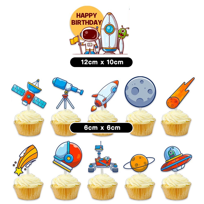 Outer Space Astronaut Rocket Theme Birthday Cake Cupcake Toppers (Pack of 11)