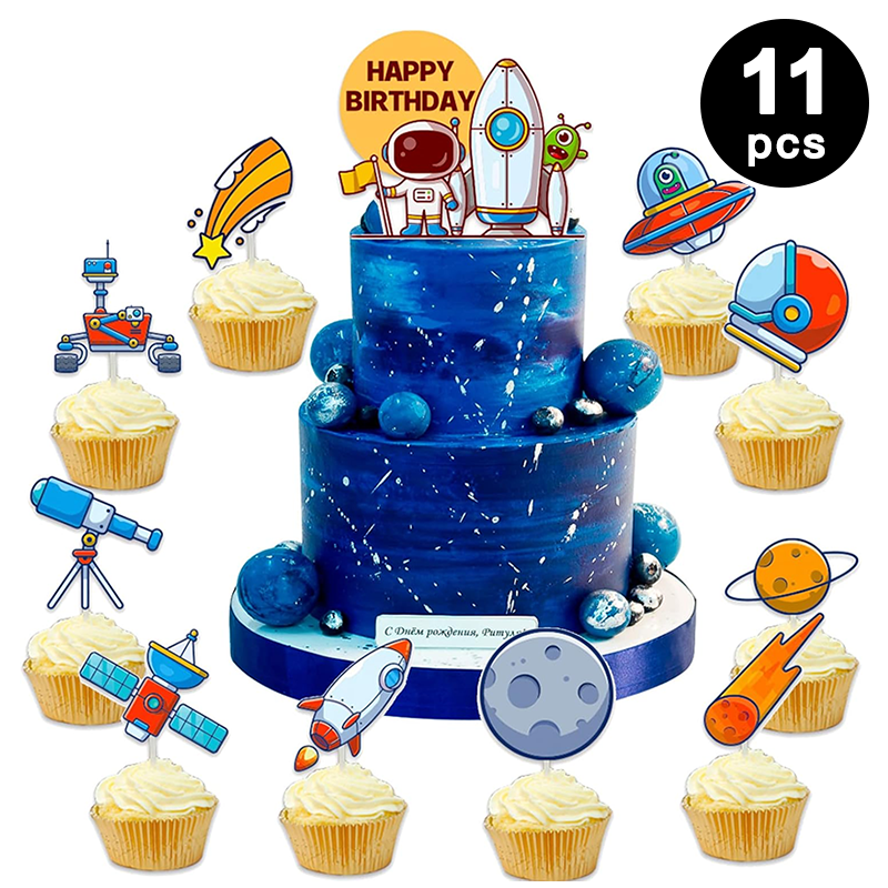Outer Space Astronaut Rocket Theme Birthday Cake Cupcake Toppers (Pack of 11)