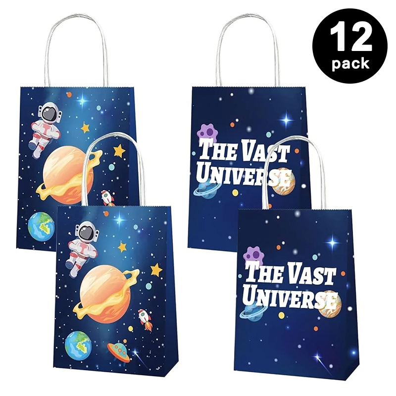 Outer Space Astronaut Rocket Paper Gift Bags with Handles (Pack of 12)