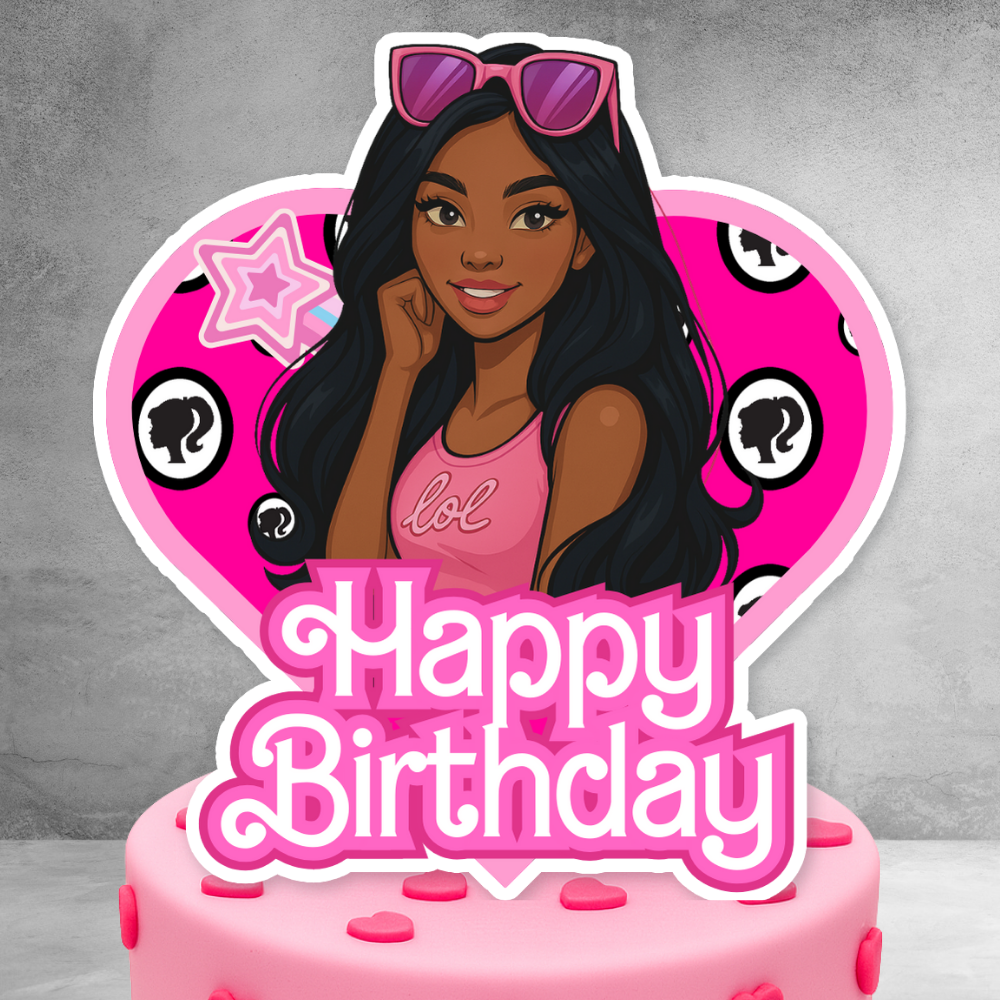 Pink Brown-Skinned Fashion Girl Birthday Cake Topper