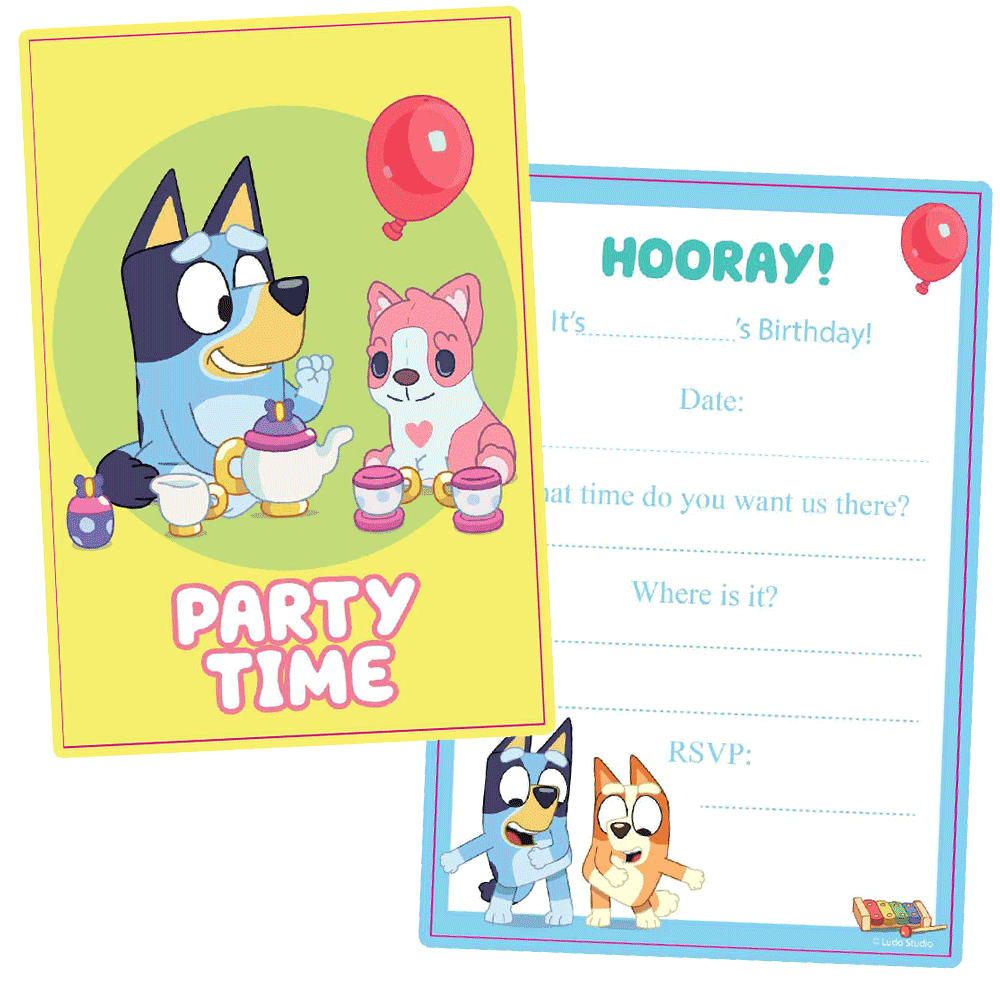 Bluey Postcard Invitations 8 Pack with Envelopes Seals Mini Stickers