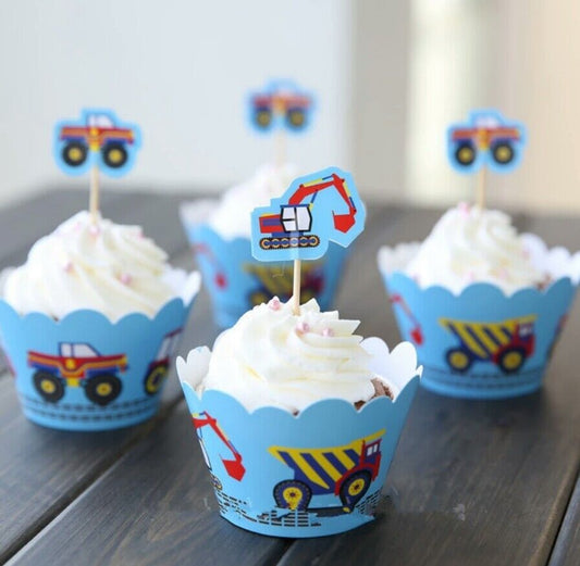 Construction Trucks Cupcake Toppers & Wrappers 12 Pack