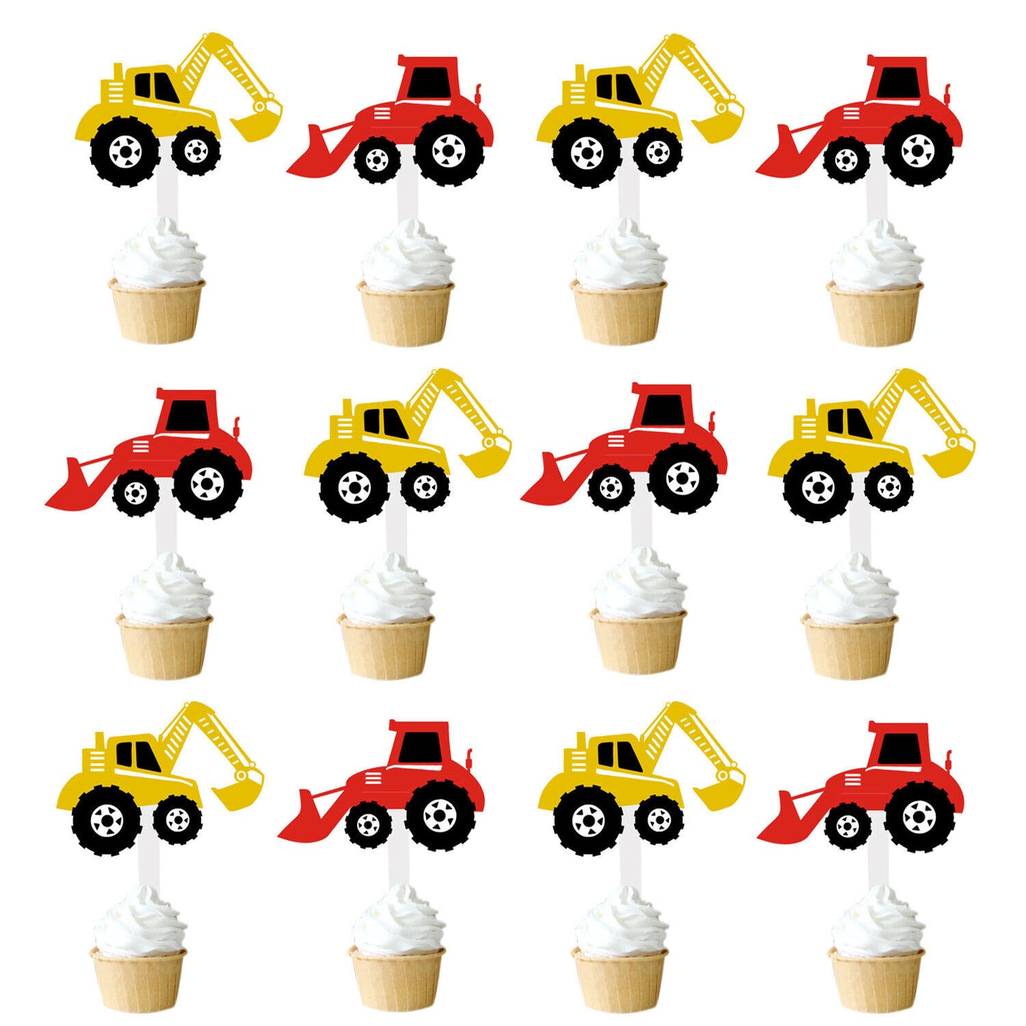 Construction Trucks Paper Cupcake Toppers 12 Pack