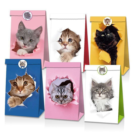 Cute Cats Kitty Paper Gift Bags with Mini Stickers 12 Pack