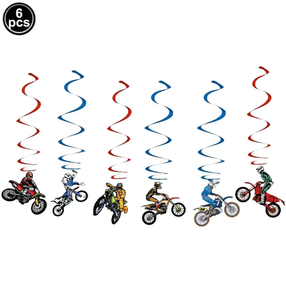 Motorbike Motocross Birthday Decoration Set - Banner Swirls Balloons Cake Toppers