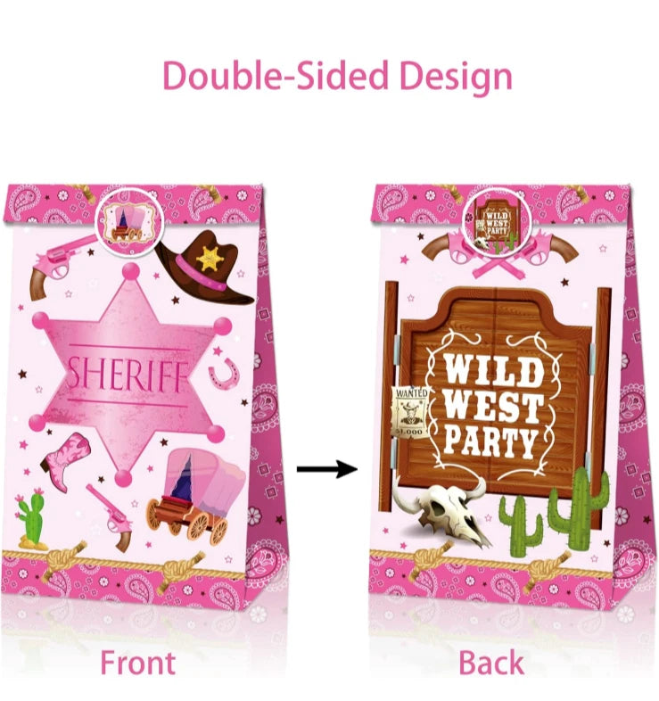 Wild West Cowgirl Paper Gift Bags with Mini Stickers 12 Pack
