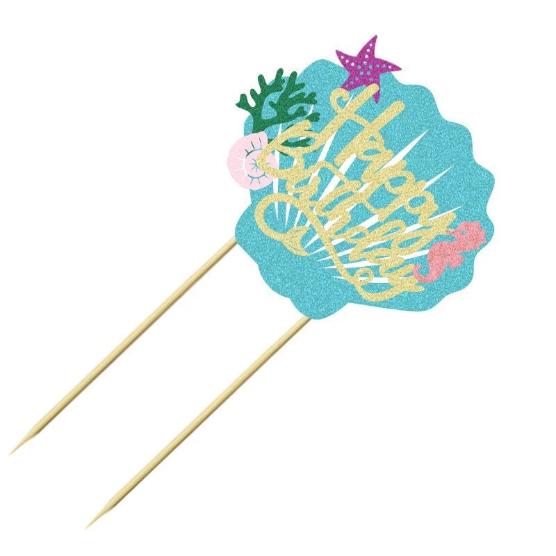 Mermaid Shell Sea World Glitter Birthday Cake Topper