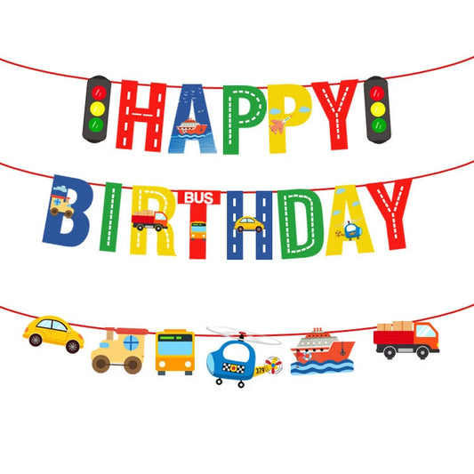 Transportation Vehicles Birthday Party Decoration Set – Banner Hanging Swirls Cupcake Toppers
