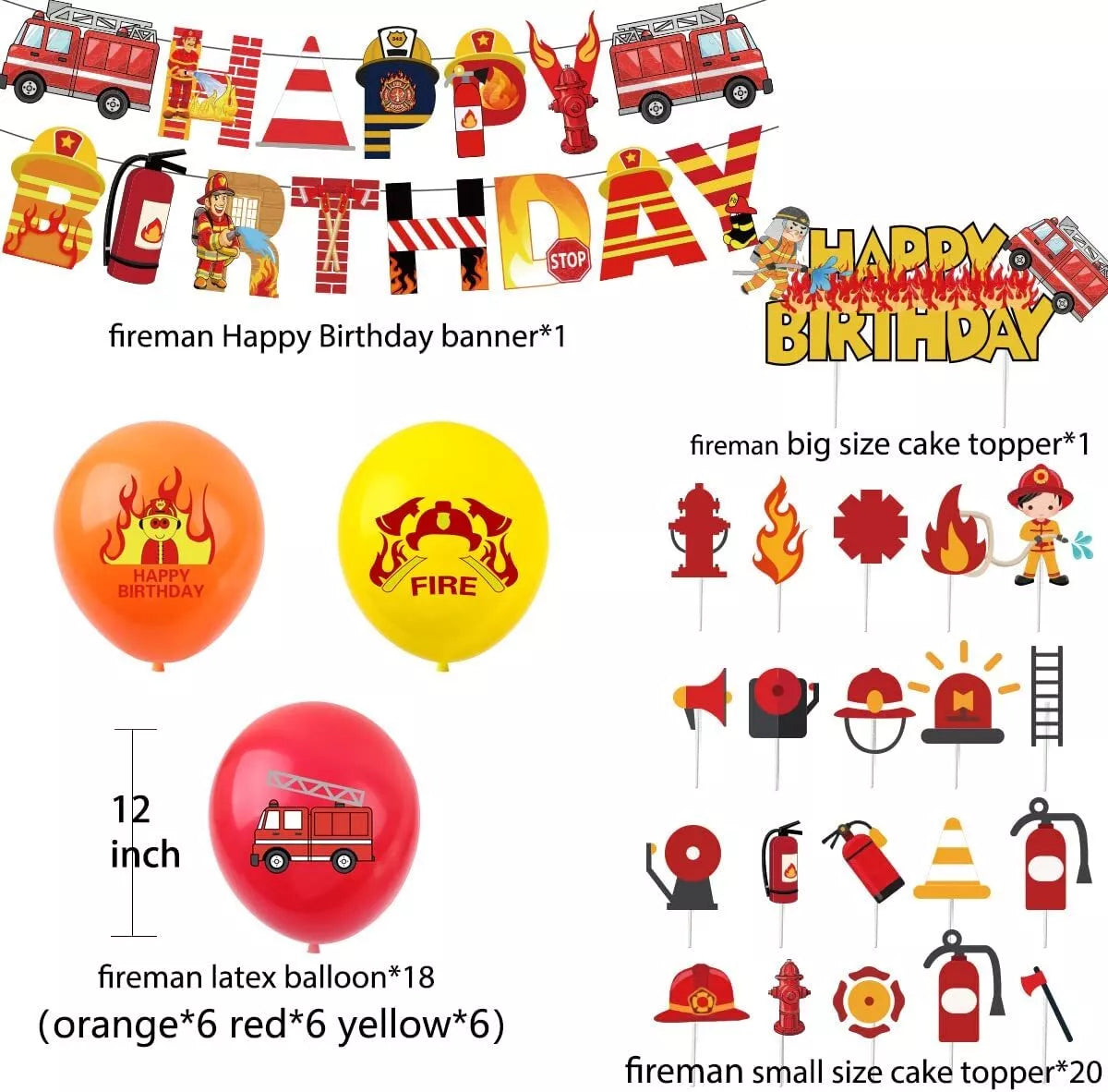 Fire Truck Fireman Party Decorating Set | Birthday Banner Balloons Cake Cupcake Toppers