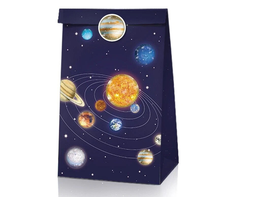 Outer Space Astronaut Rocket Paper Gift Bags with Mini Stickers (Pack of 12)