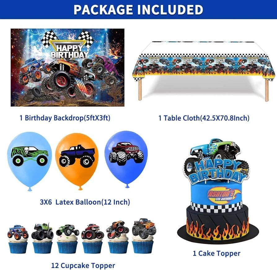 Monster Truck Birthday Party Decoration Set | Backdrop Balloons Cake Toppers Table Cover