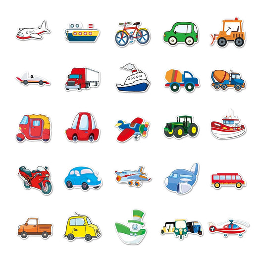 Transportation Vehicles Vinyl Stickers 50 Pack