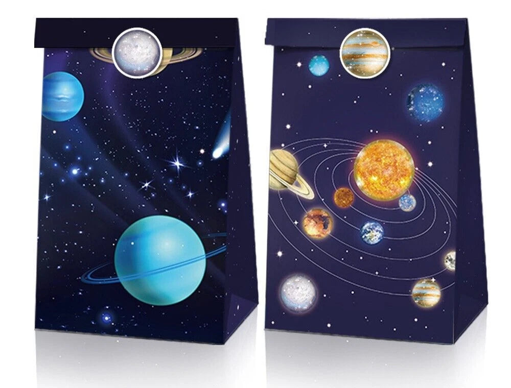 Outer Space Astronaut Rocket Paper Gift Bags with Mini Stickers (Pack of 12)