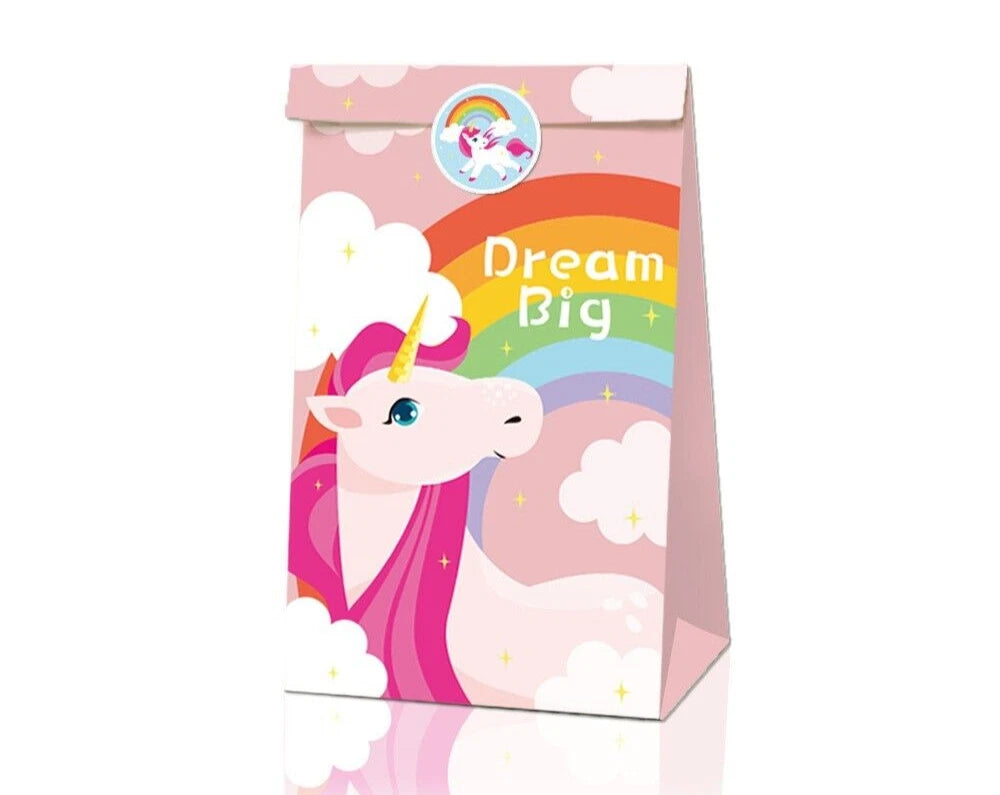 Rainbow Unicorn Paper Gift Bags with Mini Stickers 12 Pack