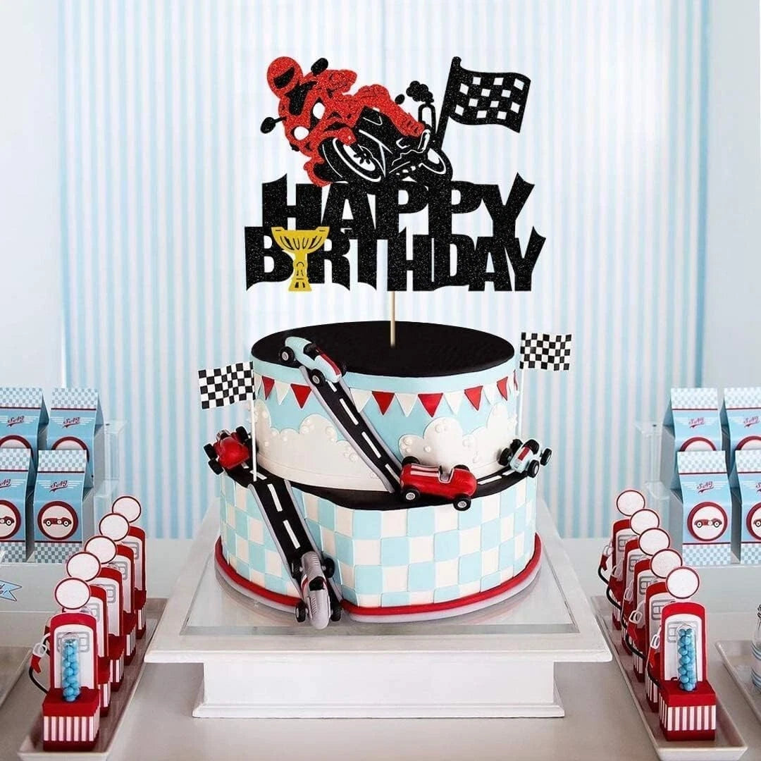 Motorbike Theme Glitter Birthday Cake Topper