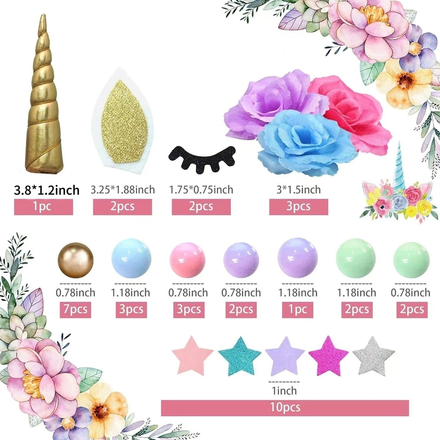 38ps Unicorn Theme Birthday Cake Topper Decorating Set