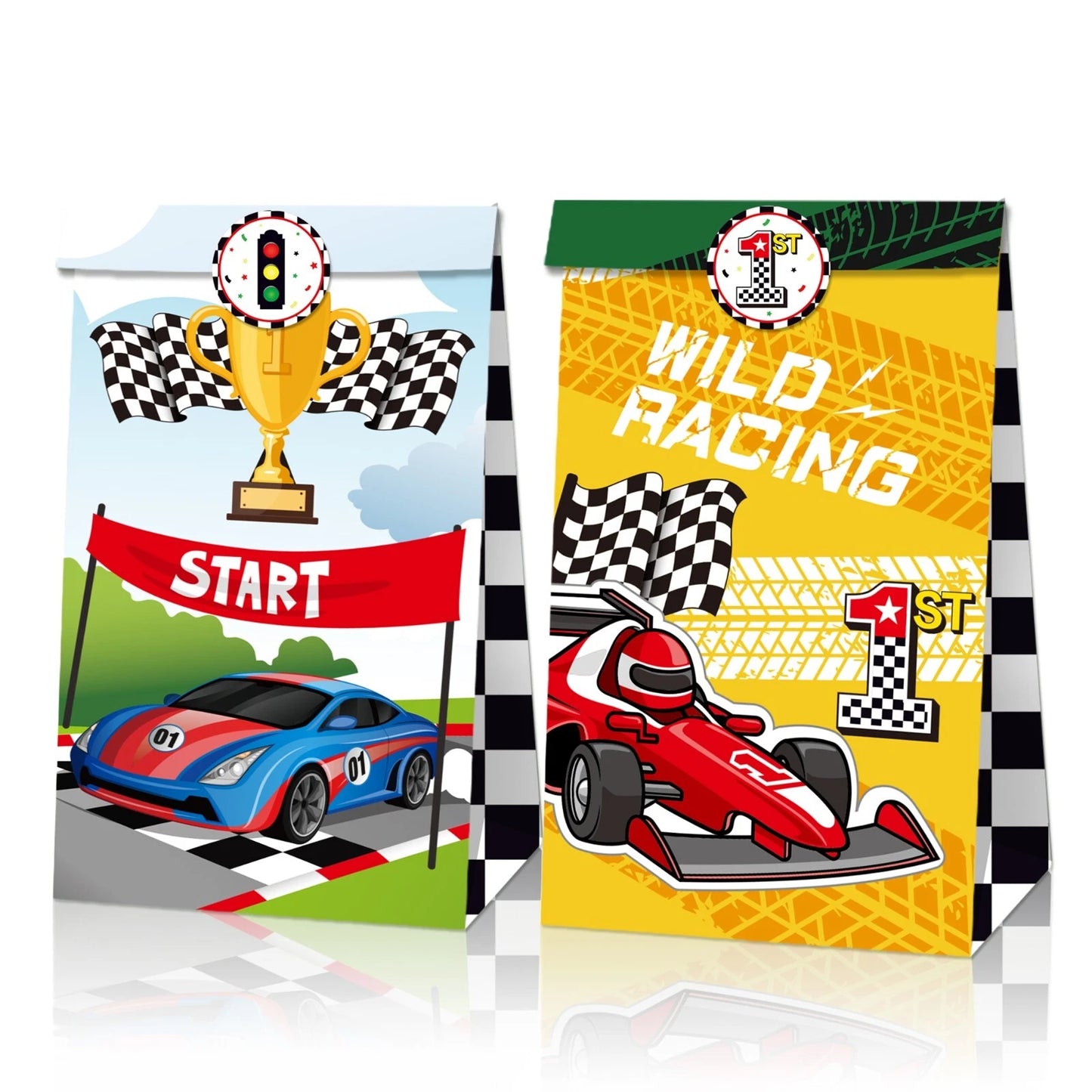 Racing Car Theme Paper Gift Bags with Mini Stickers 12 Pack
