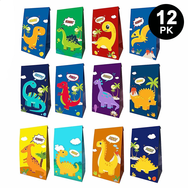 Cartoon Dinosaur Paper Gift Bags with Mini Stickers 12PK
