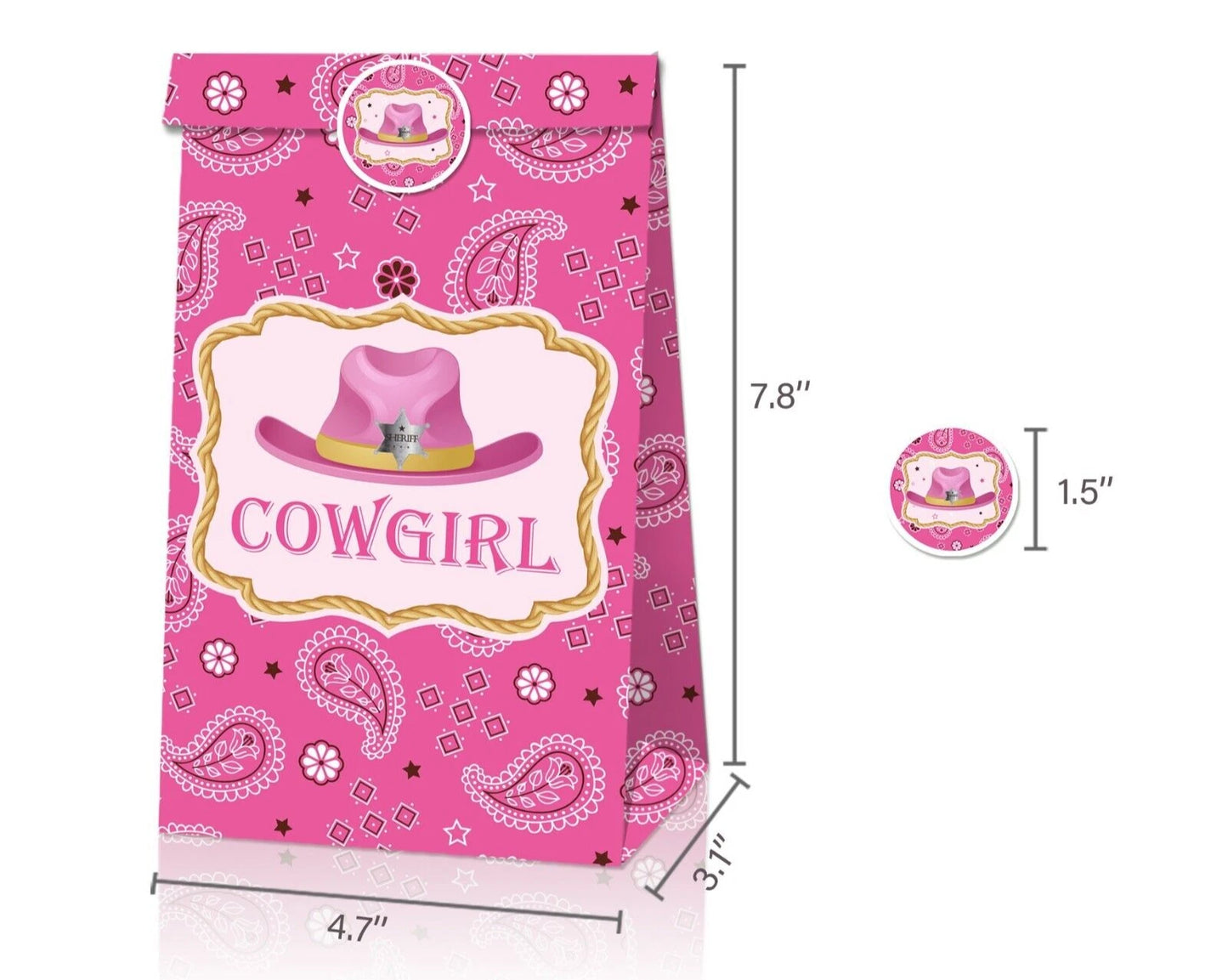 Wild West Cowgirl Paper Gift Bags with Mini Stickers 12 Pack