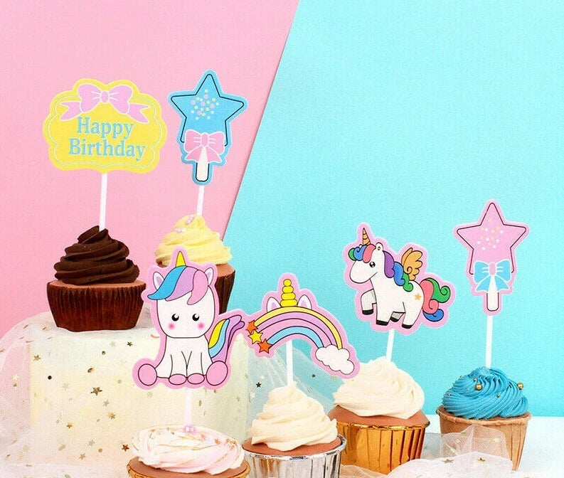 Unicorn Rainbow Theme Birthday Cake Decorating Toppers 6 pack