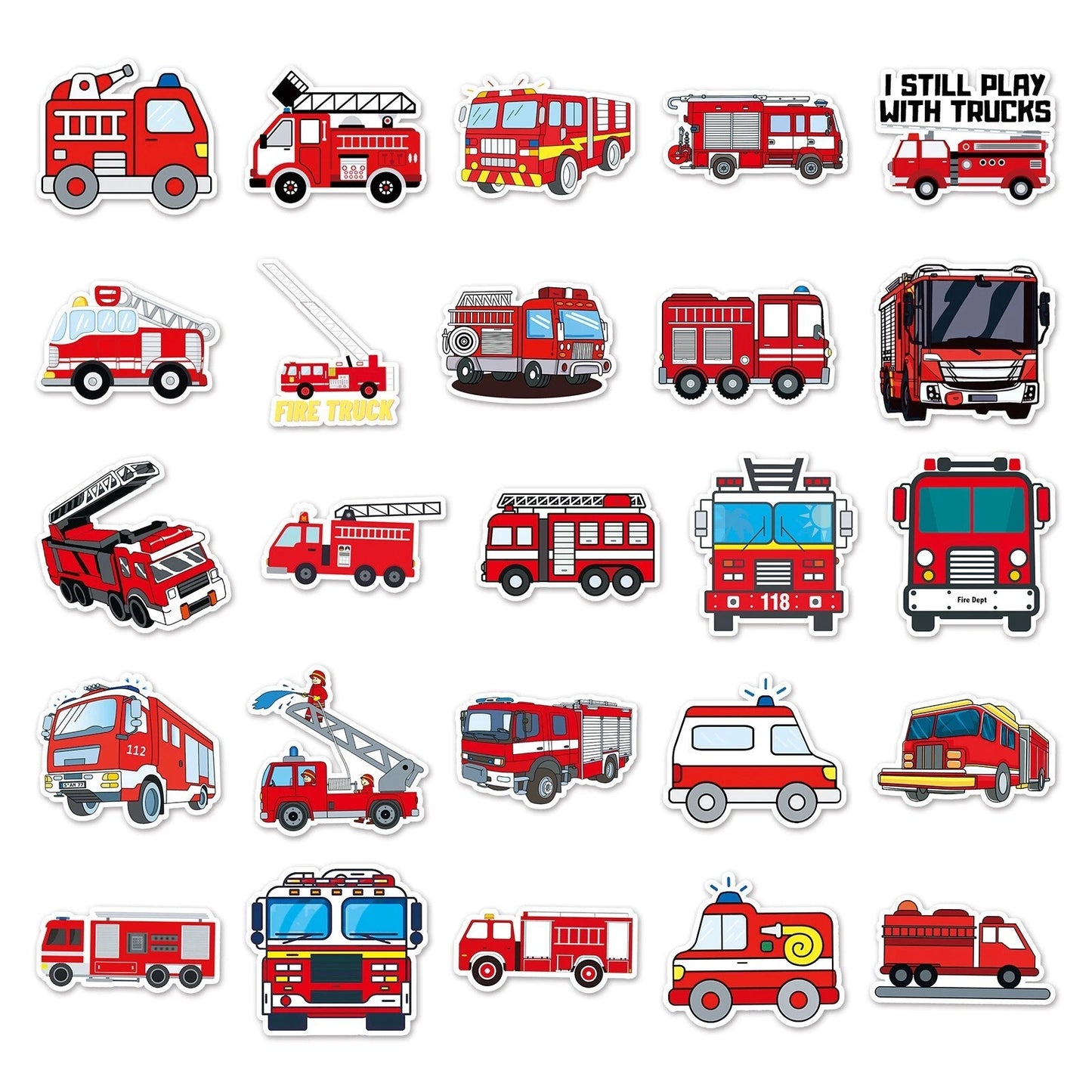 Fire Trucks Theme Vinyl Stickers 50 Pack