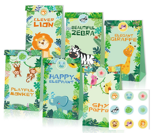 Jungle Animals Paper Gift Bags with Mini Stickers 12 Pack