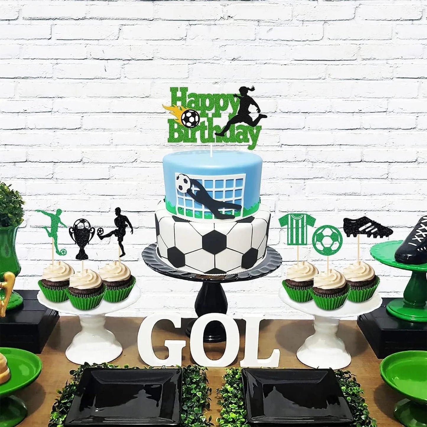 Soccer Theme Birthday Glitter Cake Cupcake Toppers 25 Pack
