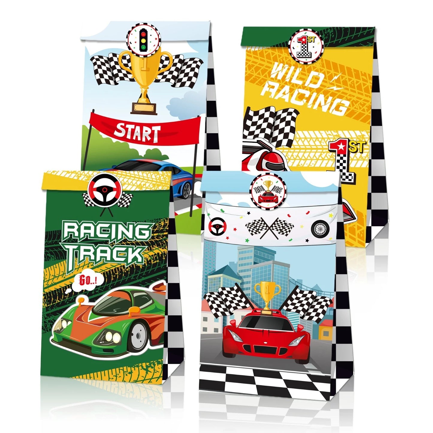 Racing Car Theme Paper Gift Bags with Mini Stickers 12 Pack