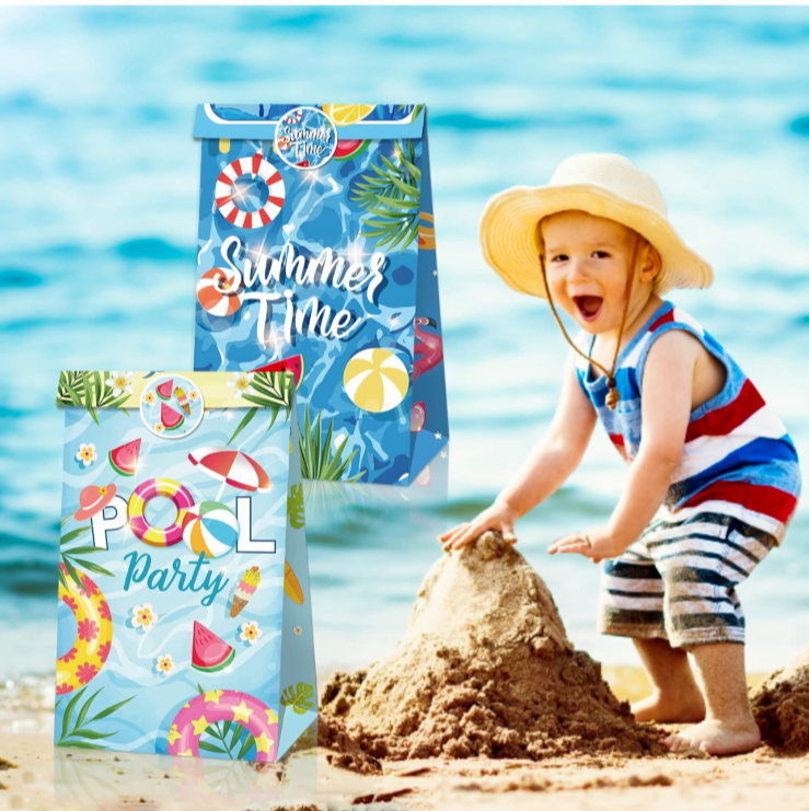 Summer Time Pool Party Paper Lolly Gift Bags with Mini Stickers 12 Pack