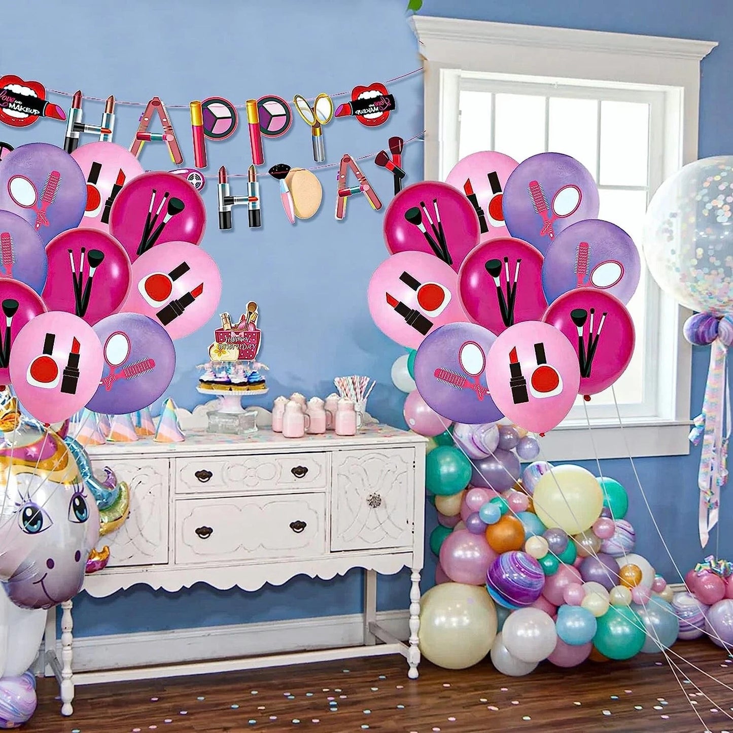 Beauty Makeup Cosmetics Theme Party Decorating Set | Birthday Banner Balloons Cake Cupcake Toppers