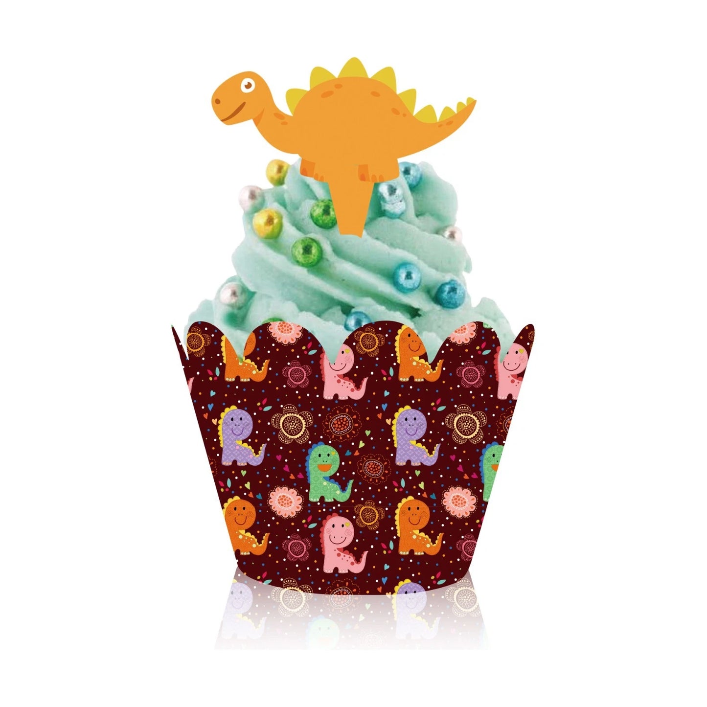 Pack of 12 Cartoon Cute Dinosaur Cupcake Toppers with Wrappers
