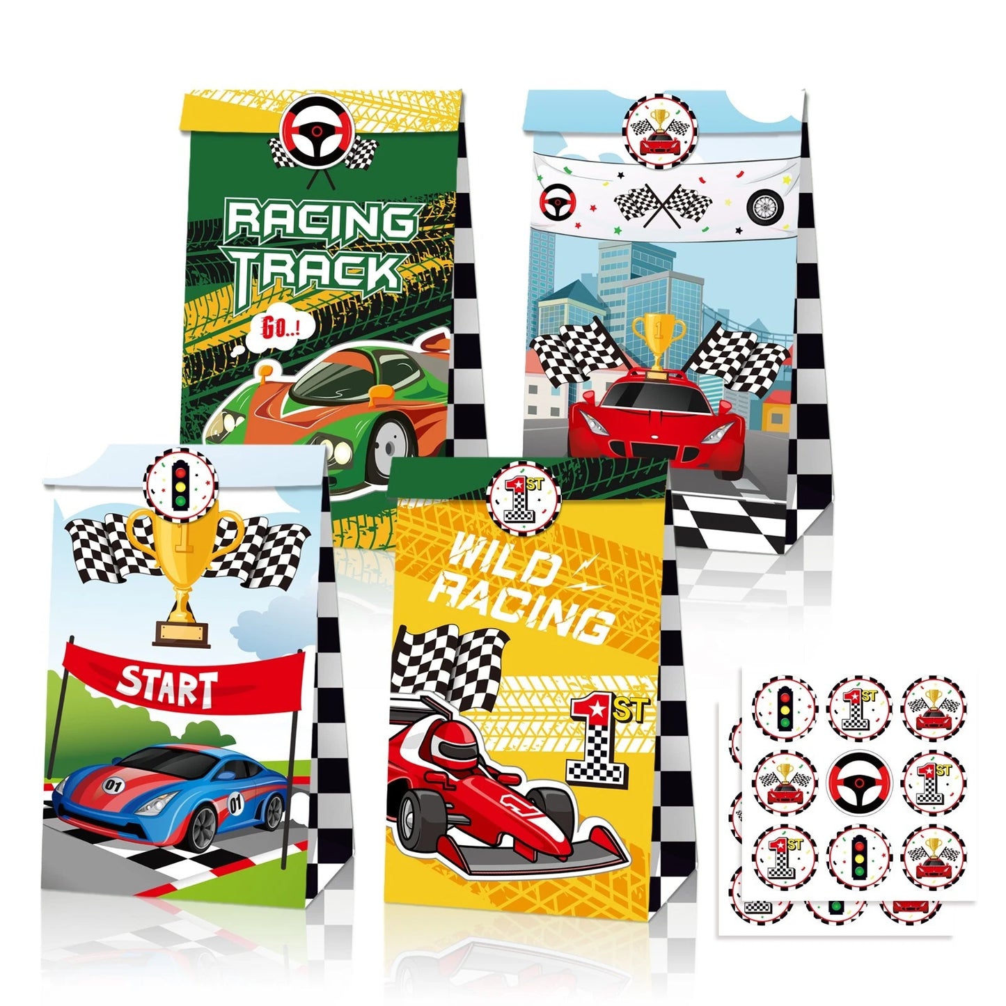 Racing Car Theme Paper Gift Bags with Mini Stickers 12 Pack