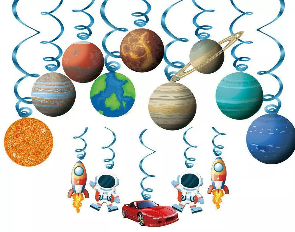 Outer Space Astronaut Planets Birthday Decorating Set | Banner Swirls Cake Toppers