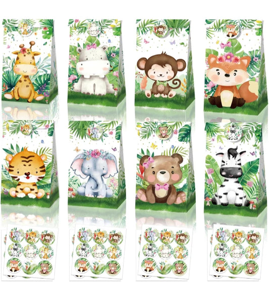 Jungle Animals Paper Gift Bags with Mini Stickers 12 Pack