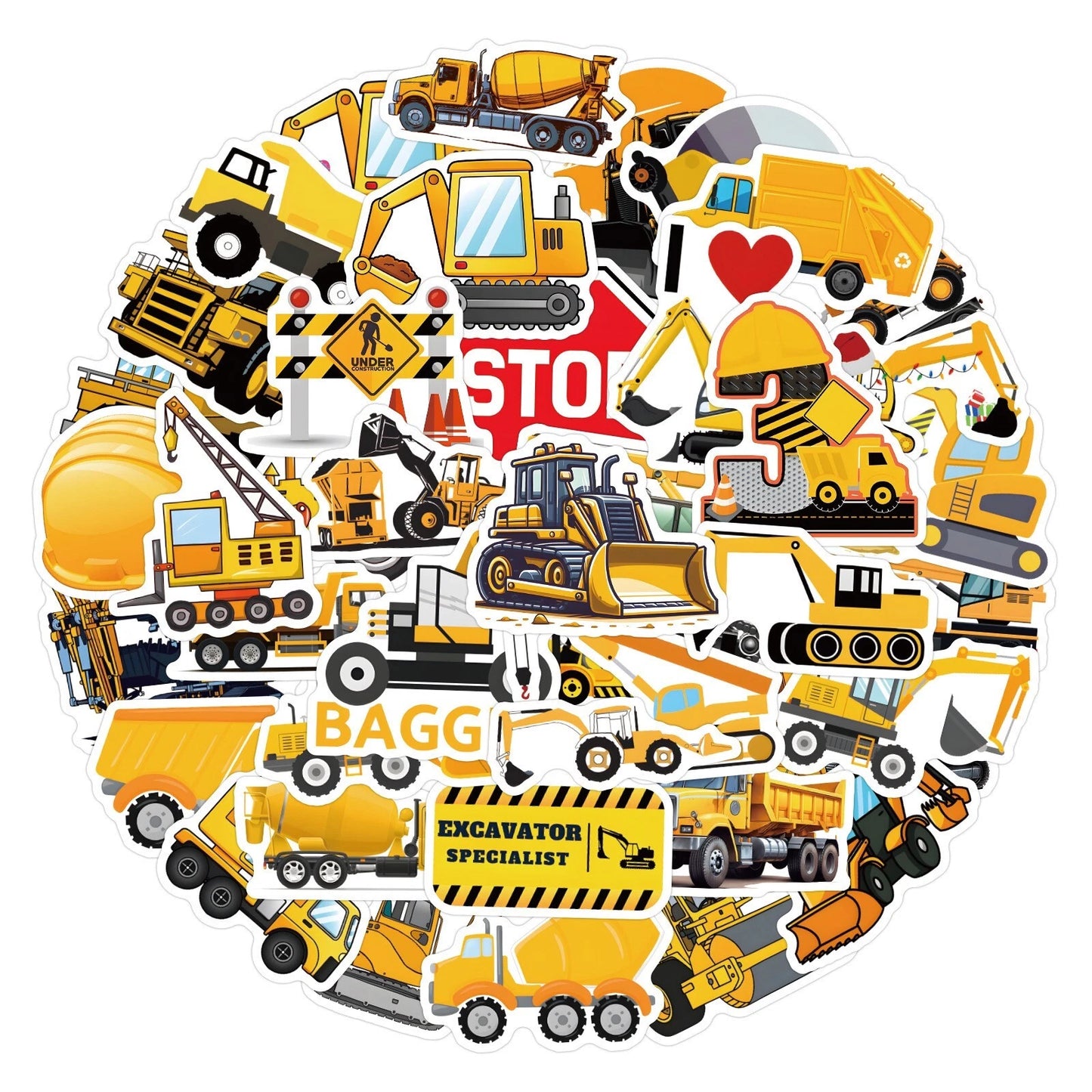 Construction Trucks Theme Vinyl Stickers 55 Pack