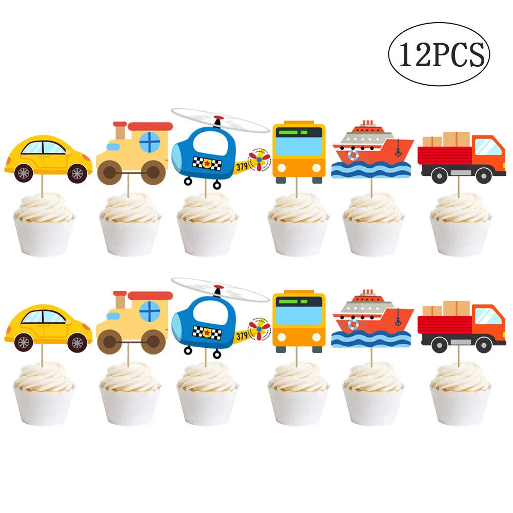 Transportation Vehicles Birthday Party Decoration Set – Banner Hanging Swirls Cupcake Toppers