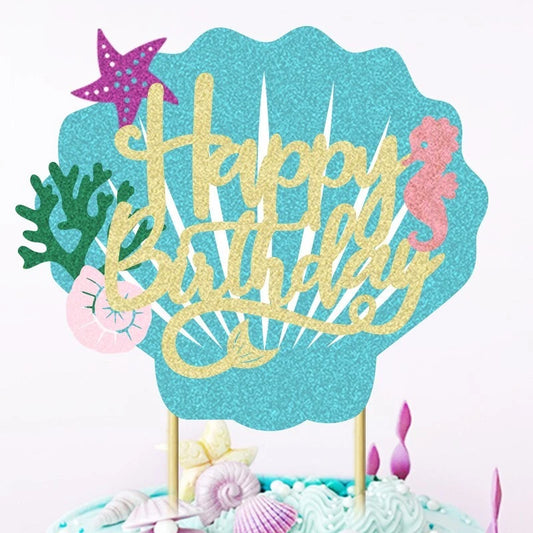 Mermaid Shell Sea World Glitter Birthday Cake Topper