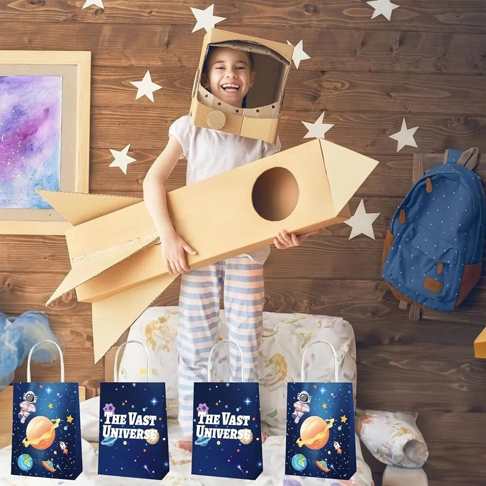 Outer Space Astronaut Rocket Paper Gift Bags with Handles (Pack of 12)