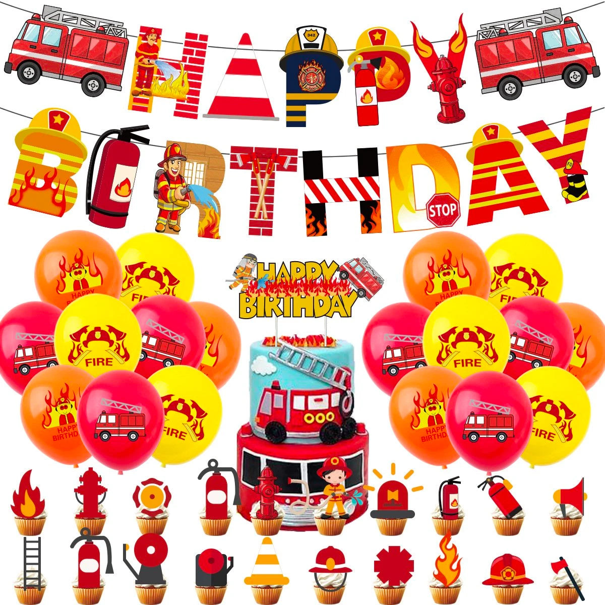 Fire Truck Fireman Party Decorating Set | Birthday Banner Balloons Cake Cupcake Toppers