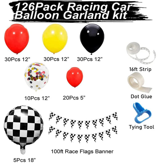 Racing Car Theme Balloon Garland Kit with Checkered Party Pennant