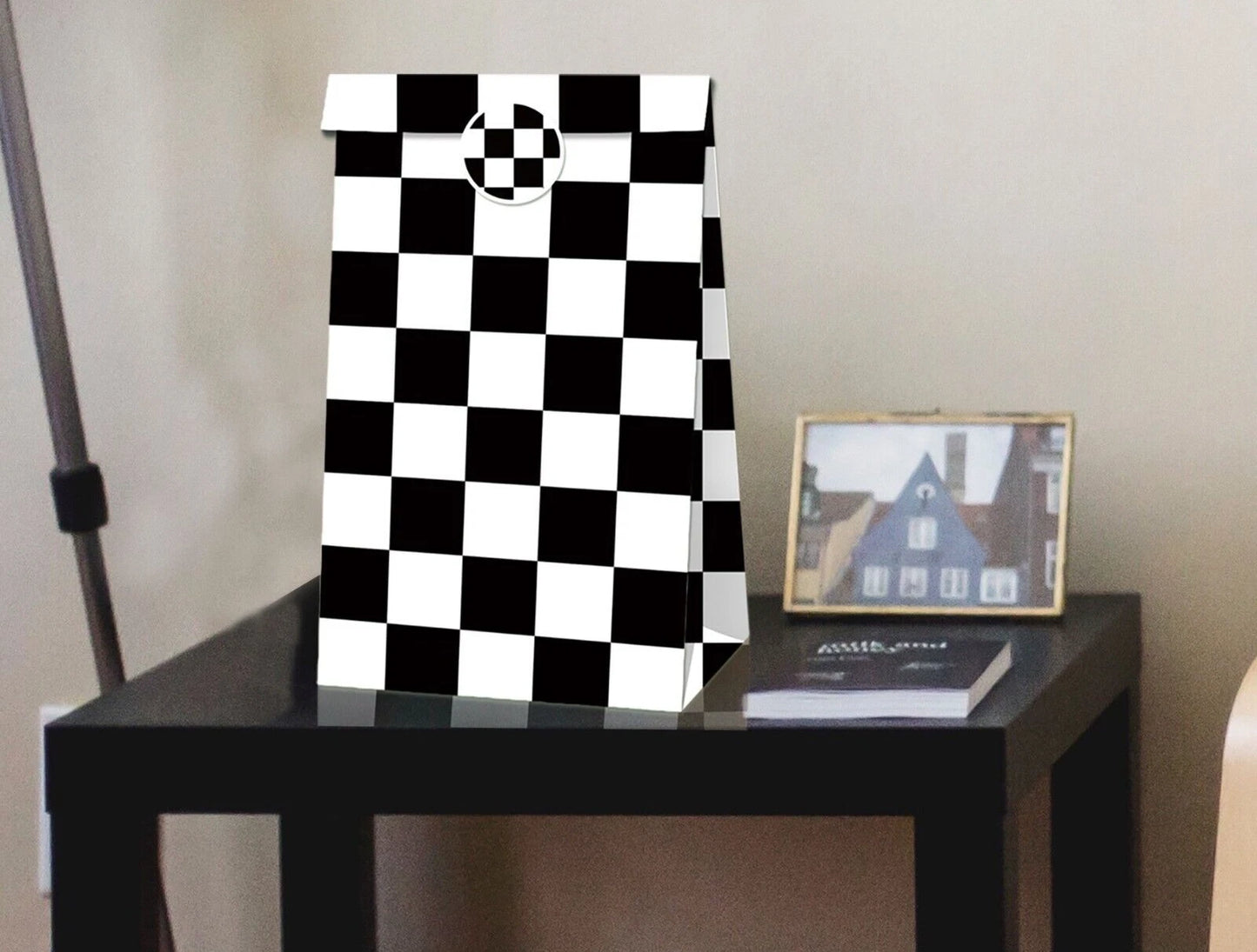 Checkered Print Paper Gift Bags with Mini Stickers 12 Pack