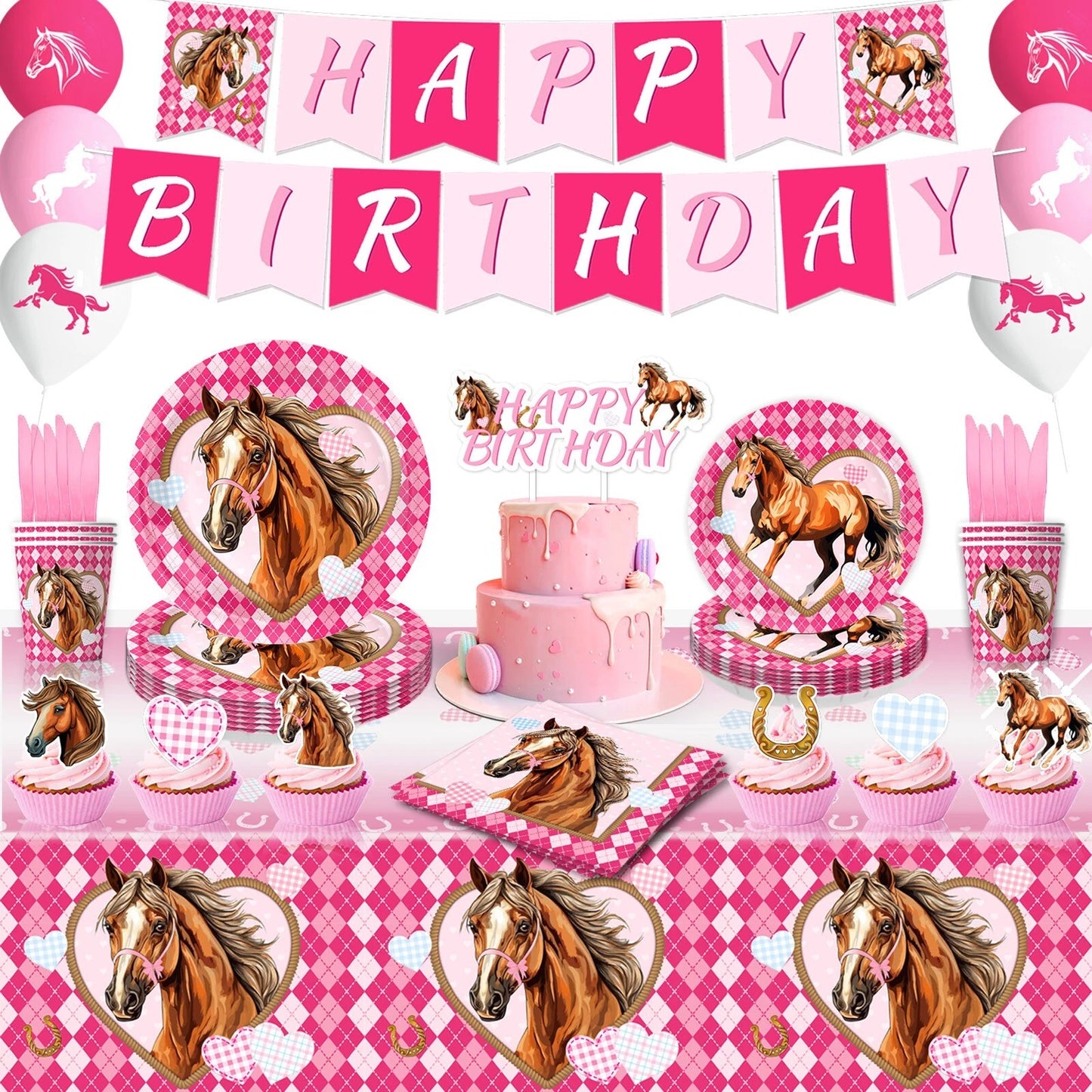 Pink Horse Cowgirl Theme Tablecloth Plastic 180cm x 108cm