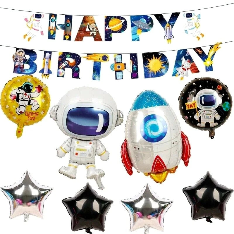 Outer Space Astronaut Rocket Birthday Decorating Set | Banner Foil Balloons