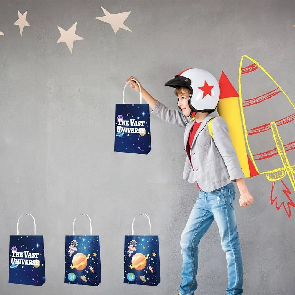 Outer Space Astronaut Rocket Paper Gift Bags with Handles (Pack of 12)