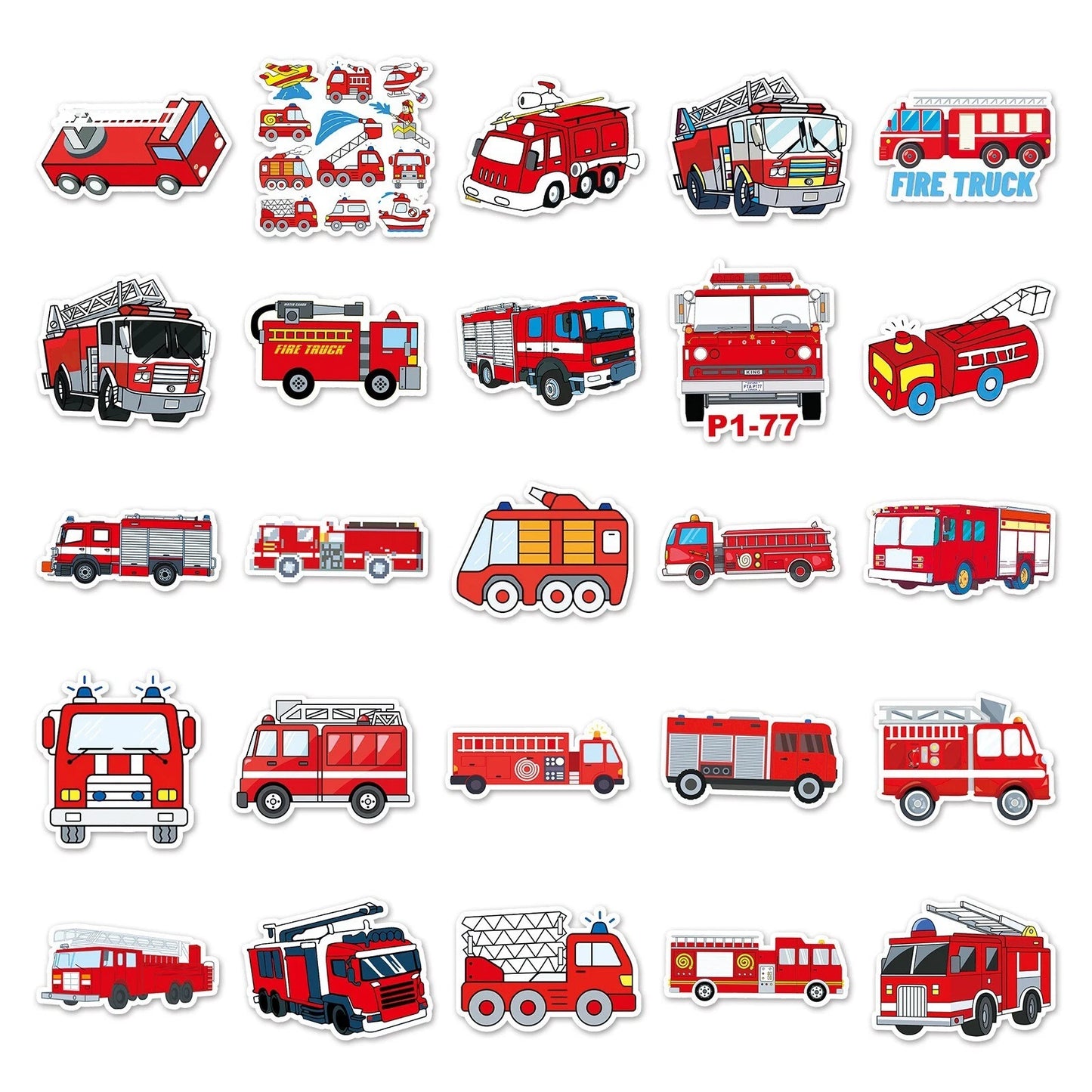 Fire Trucks Theme Vinyl Stickers 50 Pack
