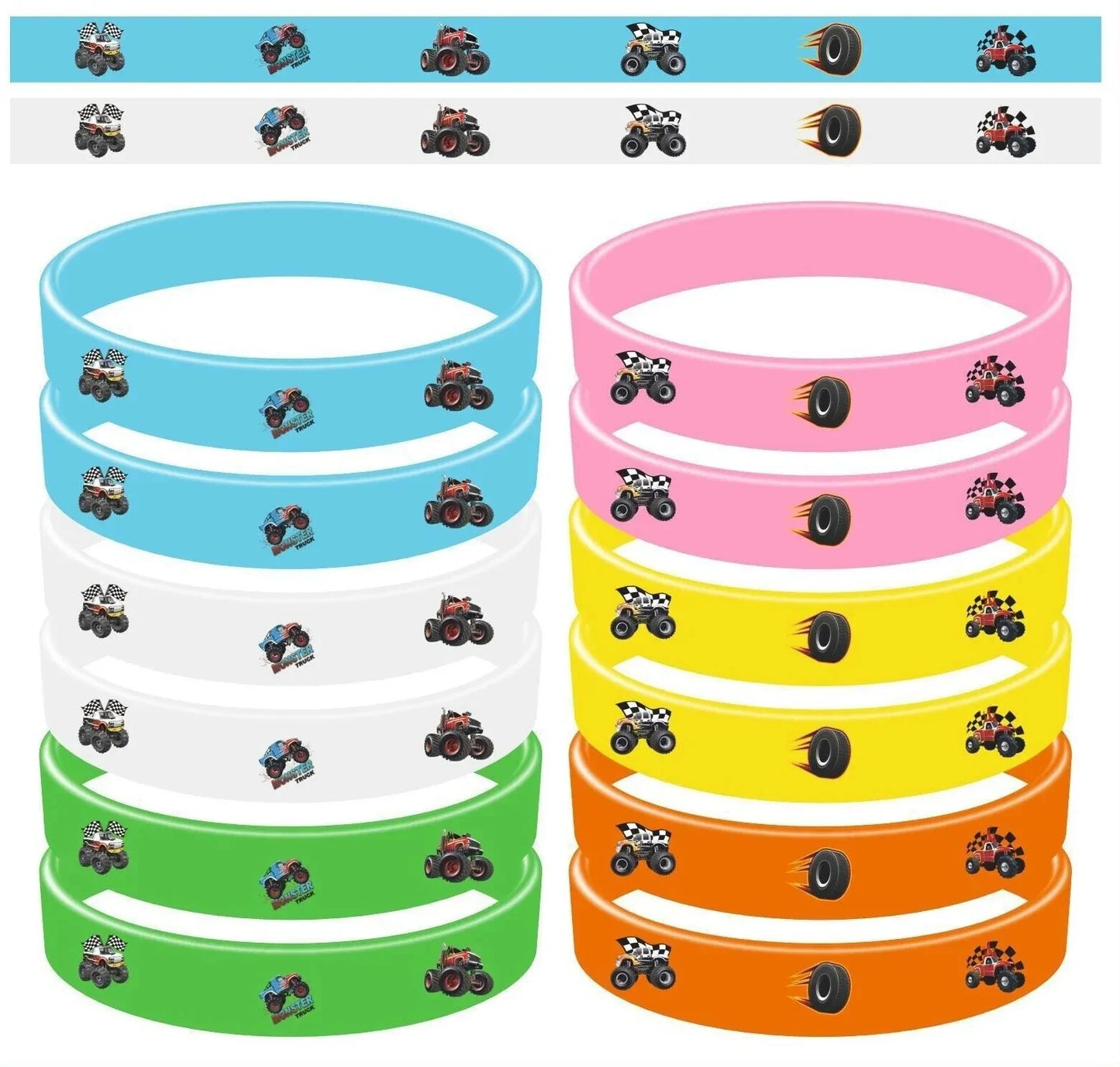 Monster Truck Theme Silicone Bracelets Rubber Wristbands (Pack of 12)