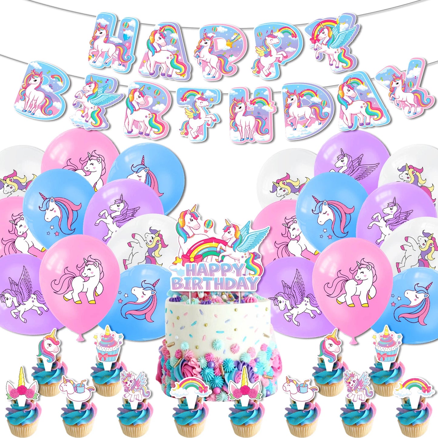 Rainbow Unicorn Party Decorating Set | Birthday Banner Balloons Cake Toppers